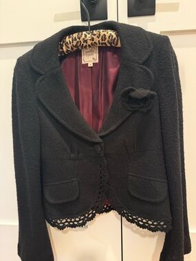 Nanette Lepore Black Textured Blazer with Burgundy Lining